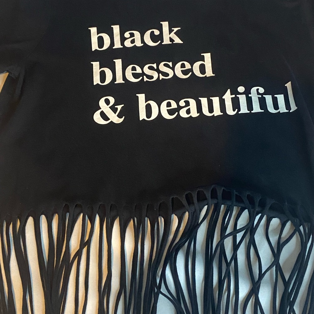 Black Fringe Top with White Text